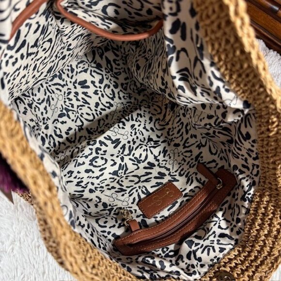 Jessica Simpson Raffia Straw 3D Beaded Floral Feather St. Pete Toast Pink Tote - Picture 14 of 16